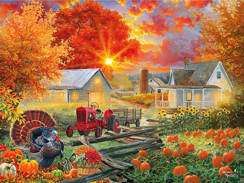 The Pumpkin Harvest, artwork, painting, turkey, house, autumn, trees, tractor, HD wallpaper