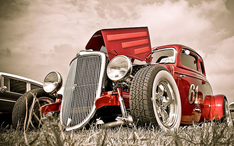 Hot Rod Red, white wall, v8, ford, rod, classic, HD wallpaper