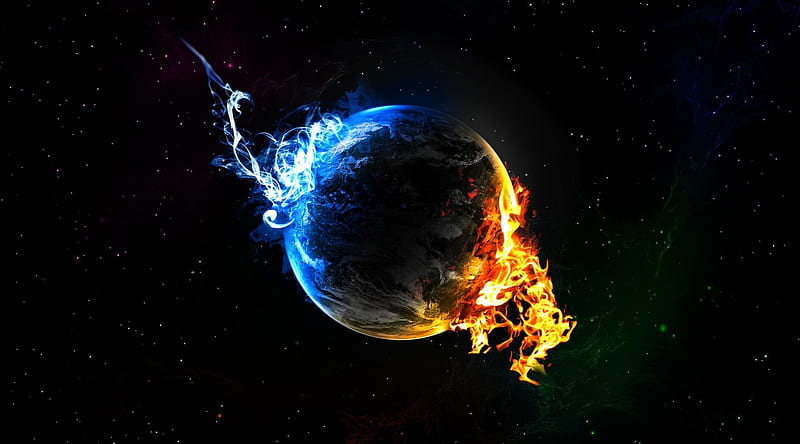 Global Changes, world, fire, stars, hot, ice, earth, galaxy, cold, HD wallpaper