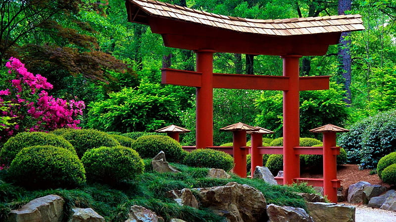 Japanese garden, rocks, pretty, woods, bonito, nice, calm, stones, flowers, forest, quiet, lovely, japanese, greenery, park, trees, serenity, summer, garden, nature, gazebo, HD wallpaper