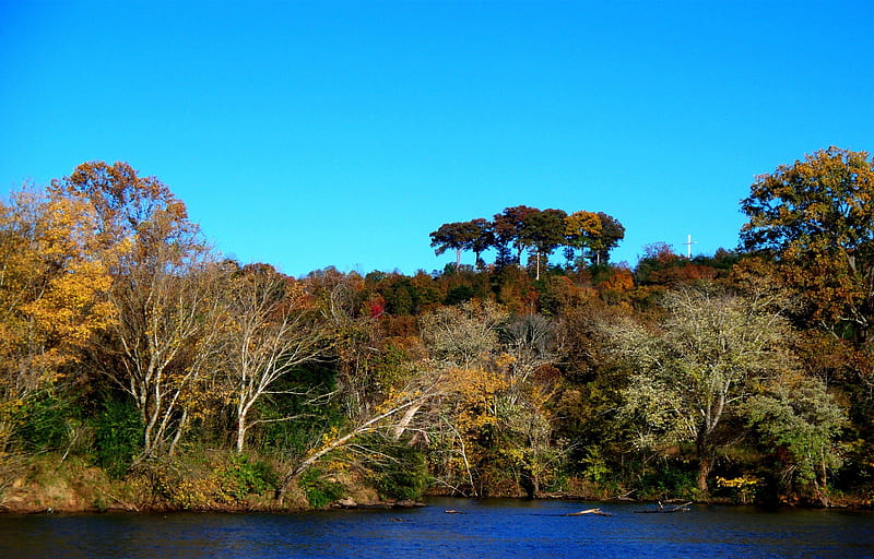 Cumberland River, autumn, water, cumberland, river, trees, sky, HD wallpaper