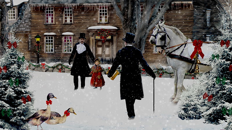 Victorian Christmas, snow, horse, h0use, people, art, HD wallpaper