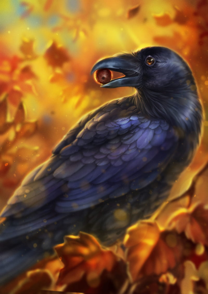 crow, bird, art, beak, acorn, leaves, HD phone wallpaper
