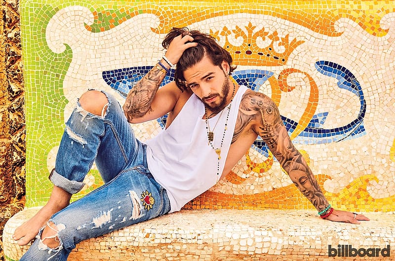Maluma, yellow, man, artist, tattoo, singer, billboard, blue, jeans, music, HD wallpaper