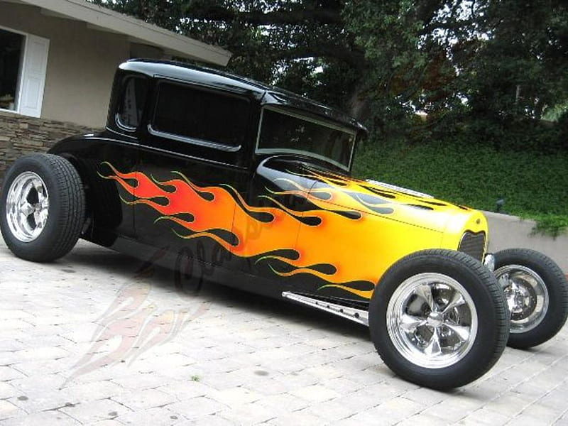1929 Ford Hot Rod, Black, Orange, Car, Cool Ride, Wheels, Hot Rod, Flames, Yellow, Sweet, 2 Door, HD wallpaper