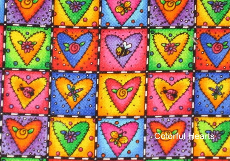 Colourful Hearts, flowers, patchwork, collage, corazones, bees, HD wallpaper
