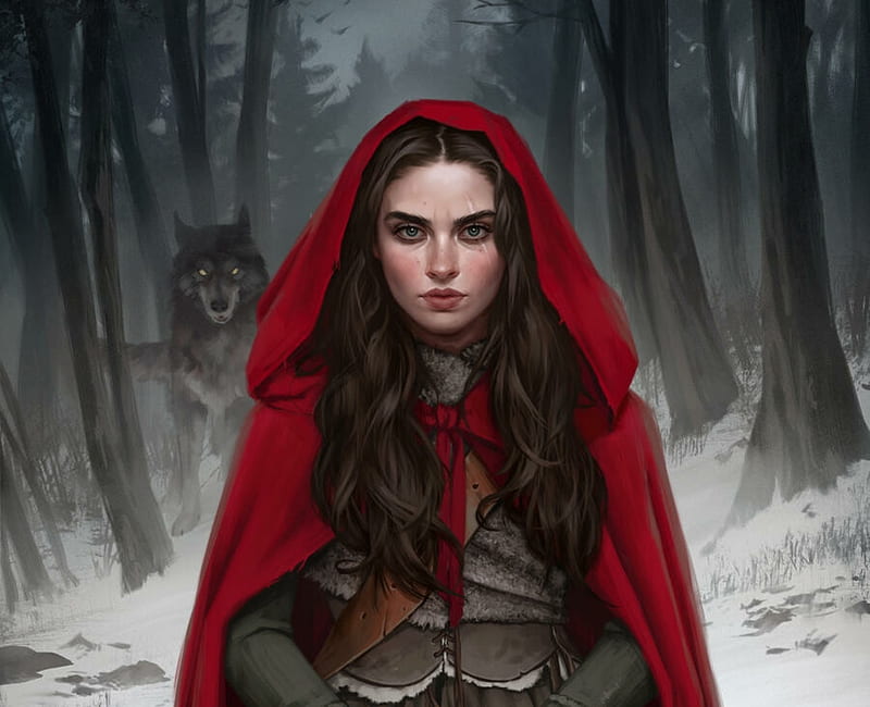 Red Riding Hood, fantasy, girl, lup, wolf, fdasuarez, fernanda suarez, art, forest, luminos, HD wallpaper