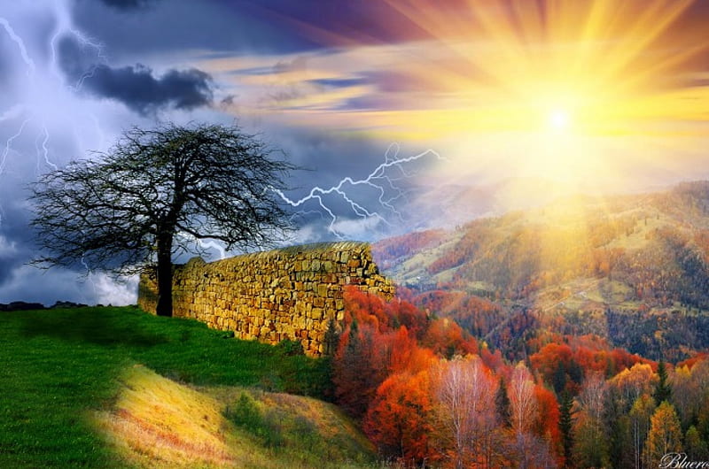 After the rain, the clear skies ... Or maybe the opposite?, sun, sunlight, trees, seasons, clouds, stone wall, lightning, nature, sunshine, landscape, HD wallpaper