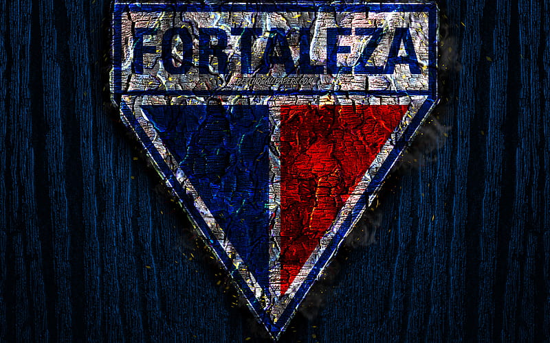 Fortaleza FC, scorched logo, Brazilian Seria A, blue wooden background, brazilian football club, Fortaleza EC, grunge, football, soccer, Fortaleza logo, fire texture, Brazil, HD wallpaper