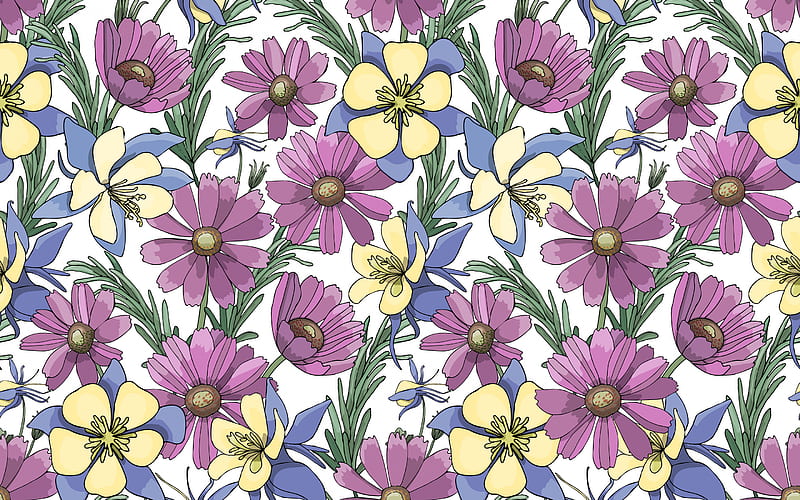 floral retro texture, texture with purple flowers, retro flowers background, floral texture, yellow and purple flowers, HD wallpaper