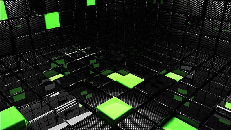 3D Black Green Square Boxes Abstract, HD wallpaper