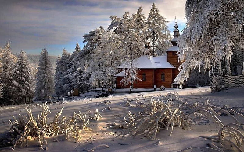 Wooden Church in Poland, Poland, trees, church, winter, HD wallpaper