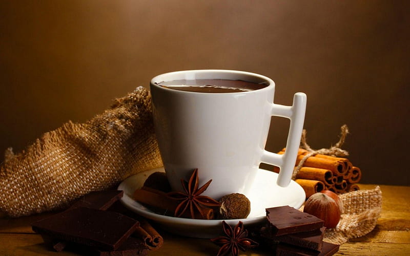 Make me happy drink, brown, beans, chocolate, cinnamon, mug, anise, nuts, cup, hot, cocoa, white, HD wallpaper