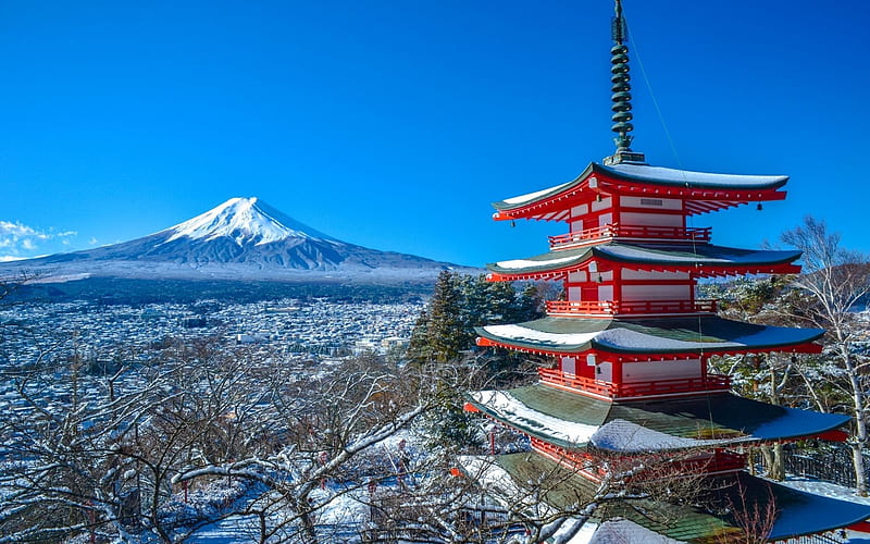 Mount Fuji, japan, winter, mountains, Chureito Pagoda, Fujiyoshida, HD wallpaper