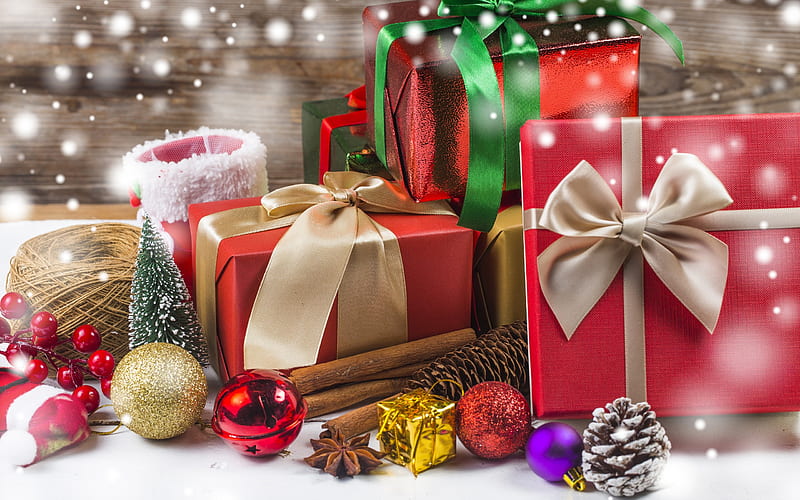 Christmas, presents, cones, New Year, Christmas balls, decoration, HD wallpaper