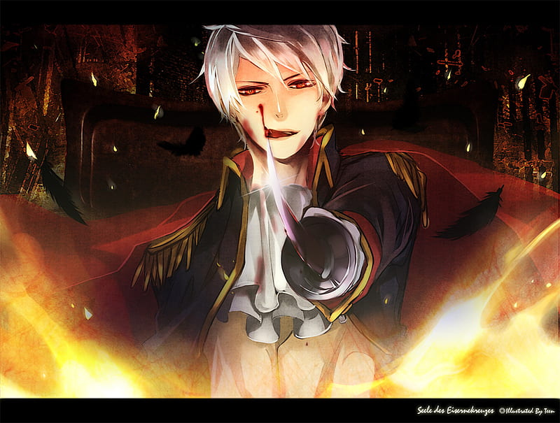 Prussia, male, blood, fire, gloves, cool, anime, katana, weapon, sword, HD wallpaper