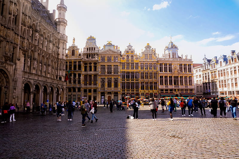 people walking near Grand Palace, Brussels Town Hall under white and blue sky during daytime, HD wallpaper