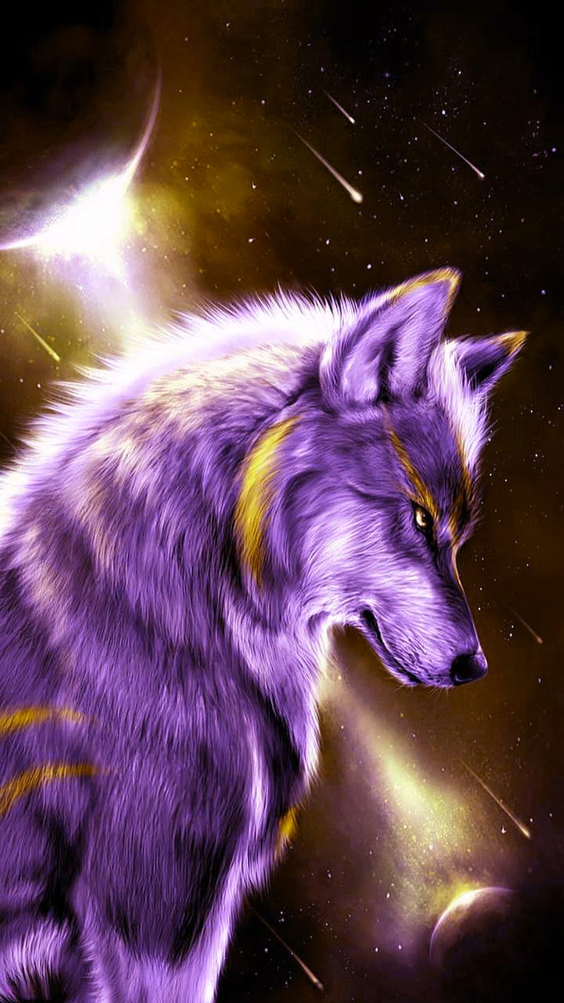 Purple wolf, animal, fantasy, galaxy, planet, profil, stars, wolf, HD phone wallpaper
