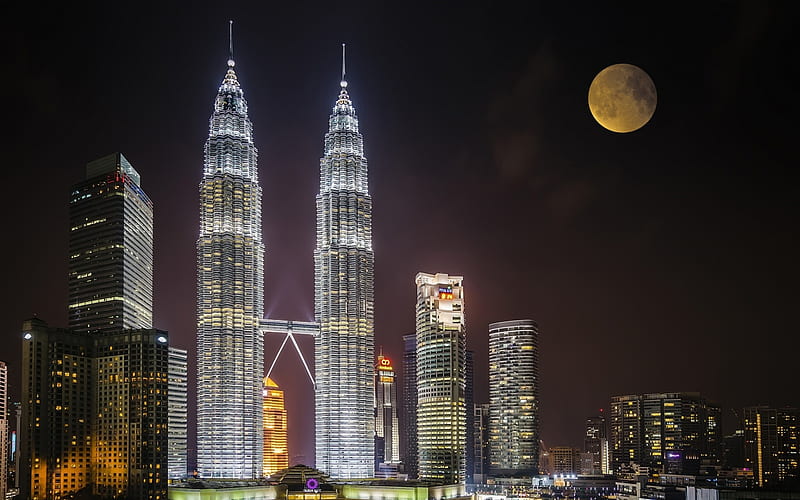 Petronas Towers, moon, skyscrapers, Kuala Lumpur, Malaysia, nightscapes, Asia, Petronas Towers at night, HD wallpaper