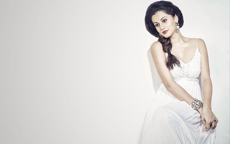 Taapsee Pannu, white dress, Bollywood, indian actress, beauty, brunette, HD wallpaper