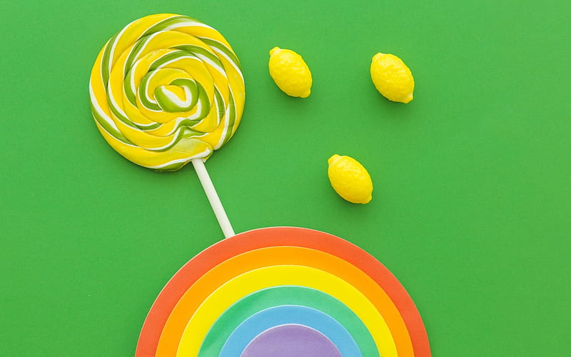 :-), candy, lollipop, yellow, rainbow, lemon, sweet, card, fruit, green, HD wallpaper