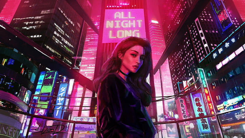 Girl All Night Long Retrowave City Artwork, artist, retrowave, HD wallpaper