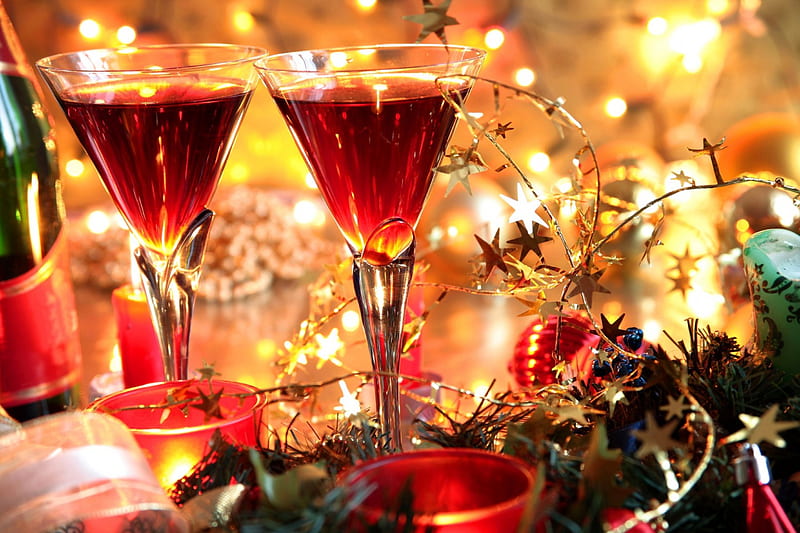 New Years Cocktail, deco, holidays, glasses, xmas, lights, graphy, fireworks, party, drink, SkyPhoenixX1, new years eve, cocktail, christmas, decoration, celebration, christmas decoration, new year, abstract, winter, decor, 2015, HD wallpaper
