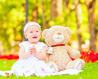 Cute Girl, cute, sweet girl, teddy, bear, smile, girl child, peluche, HD  wallpaper