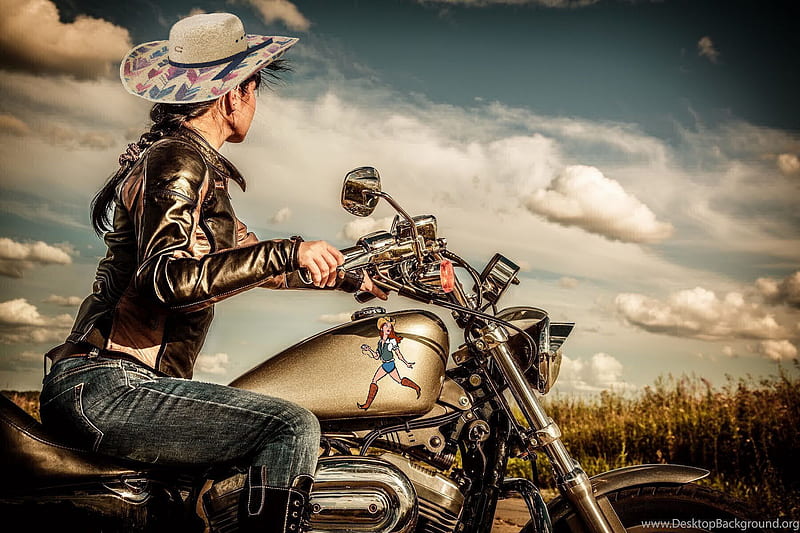 Ride Hard, sunset, hats, cowgirl, motorcycle, HD wallpaper