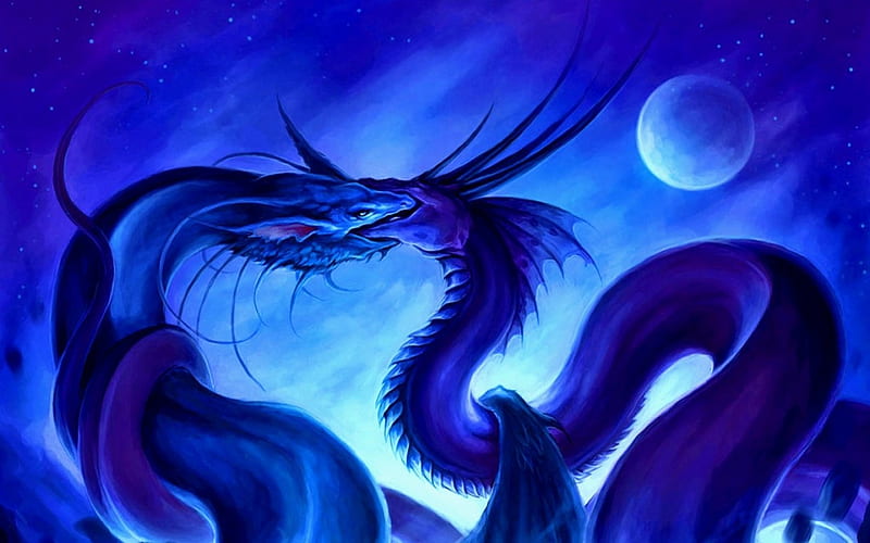 Mating Ritual, magic, fantasy, moon, dragon, HD wallpaper