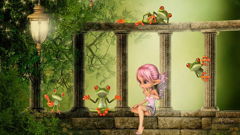 Fairy and Frogs, frogs, tree, fantasy, fae, green, lamp light, fairy, HD wallpaper