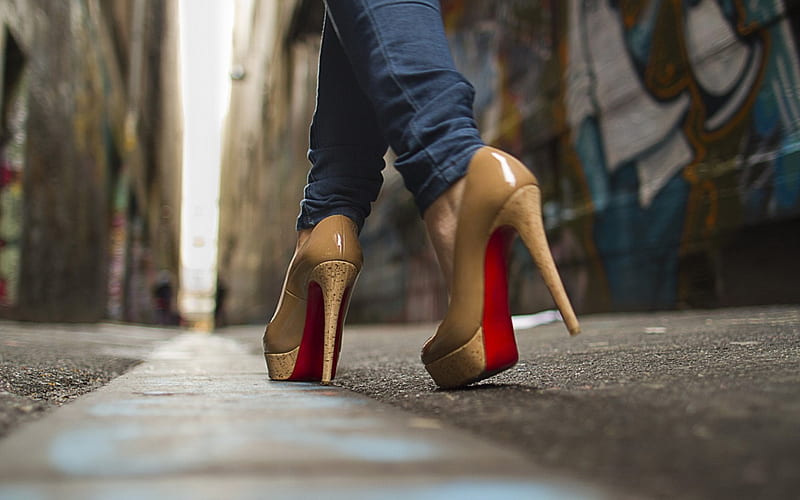 Woman in high heel shoes in city by sunrise - Custom Wallpaper