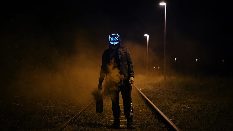 Mask Guy Walking On Railroad, mask, graphy, man, railroad, smoke, HD wallpaper