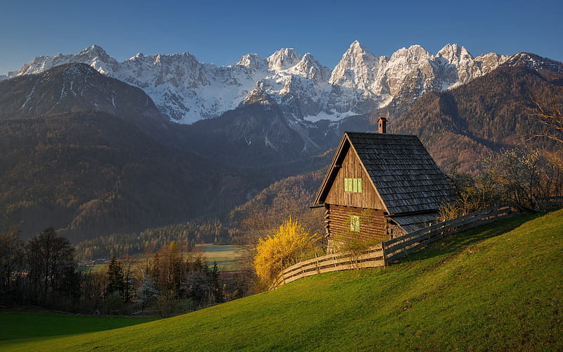 Cabin in Mountains, hut, log cabin, landscape, mountains, HD wallpaper