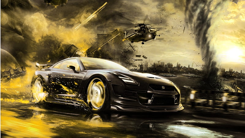 awesome car, explosion, ruins, helicopter, car, HD wallpaper