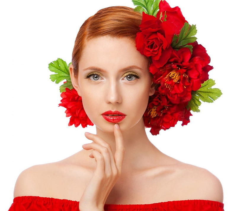 Women flowers redhead, cute, red, lovely, head, flowers, roses, lady, lipstick, HD wallpaper