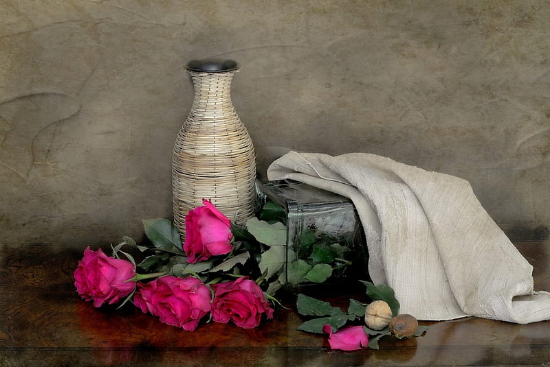 still life, red, shawl, bouquet, bottle, vase, roses, HD wallpaper