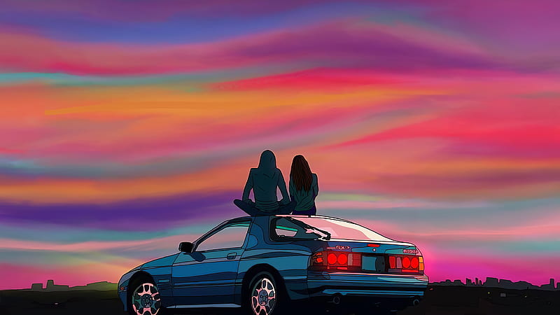 Couple Sitting On Car Evening Talks , couple, love, artist, artwork, digital-art, HD wallpaper