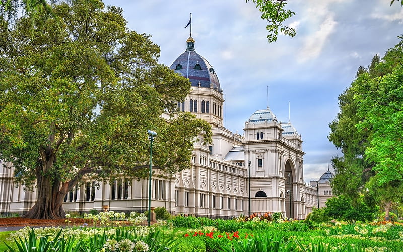Royal Exhibition Building, Melbourne, summer, old building, Gothic architecture, Carlton Gardens, Australia, HD wallpaper