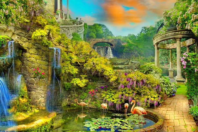 Fantasy garden, art, pelican, house, greenery, bonito, magic, pond, fantasy, paradise, waterfall, flowers, garden, gazebo, enchanted, HD wallpaper