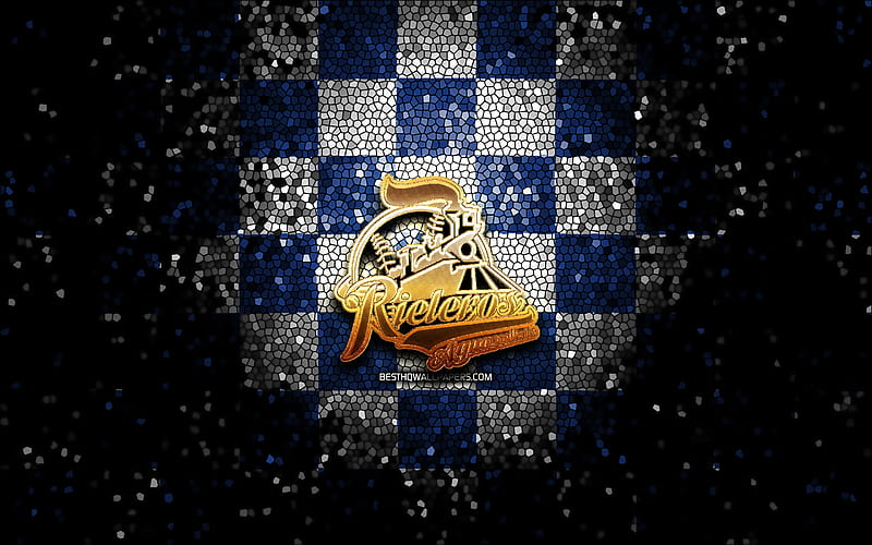 Rieleros de Aguascalientes, glitter logo, LMB, blue white checkered background, mexican baseball team, Rieleros de Aguascalientes logo, Mexican Baseball League, mosaic art, baseball, Mexico, HD wallpaper