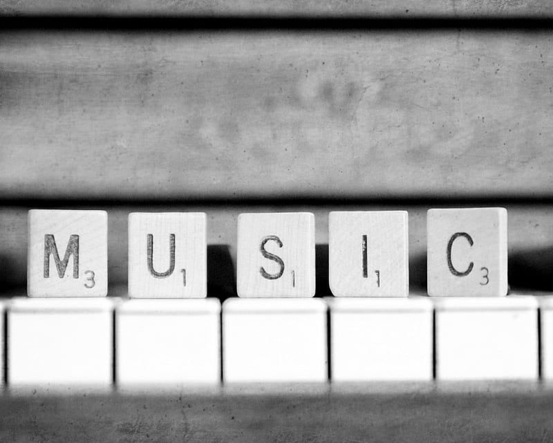 Word Play, keys, music, words, black, colorless, piano, scrabble, letters, white, tiles, HD wallpaper