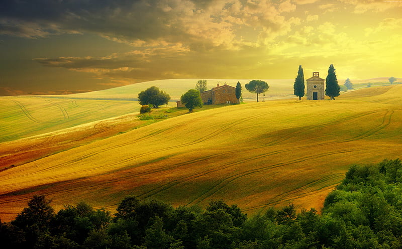 Wallpaper Tuscany, 5k, 4k wallpaper, 8k, Italy, landscape, village, field,  sunset, sky, grass, Nature #558