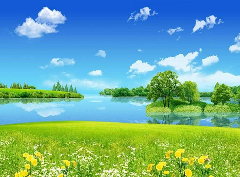 Spring Time Ahead, pond, sunny, nature, fields, trees, clouds, HD wallpaper