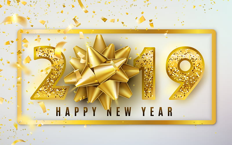 2019 gold bow, Happy New Year 2019, gray background, 2019 golden bow, 2019 3D art, 2019 concepts, 2019 on white background, 2019 year digits, HD wallpaper