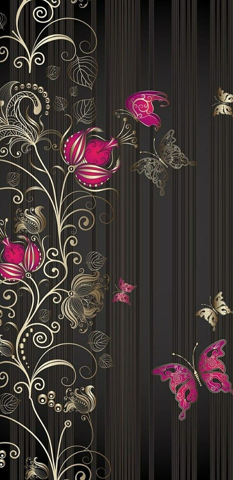 Flutter Vine, butterfly, flower, flowers, girly, gold, golden, pink, pretty, HD phone wallpaper