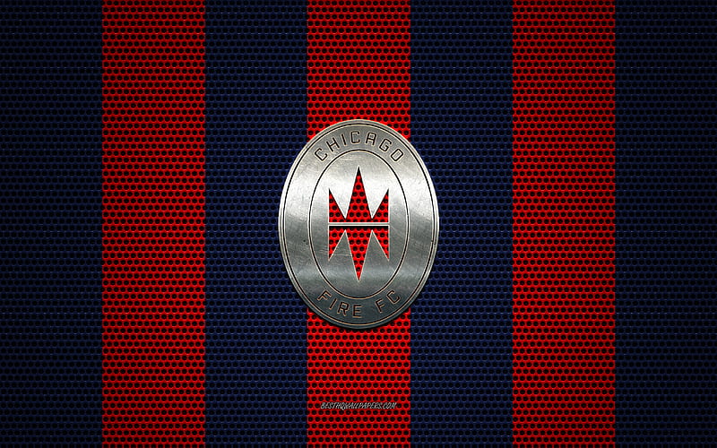 Chicago Fire FC logo, American soccer club, metal emblem, Chicago Fire new logo, red blue metal mesh background, Chicago Fire FC, NHL, Chicago, Illinois, USA, soccer, HD wallpaper
