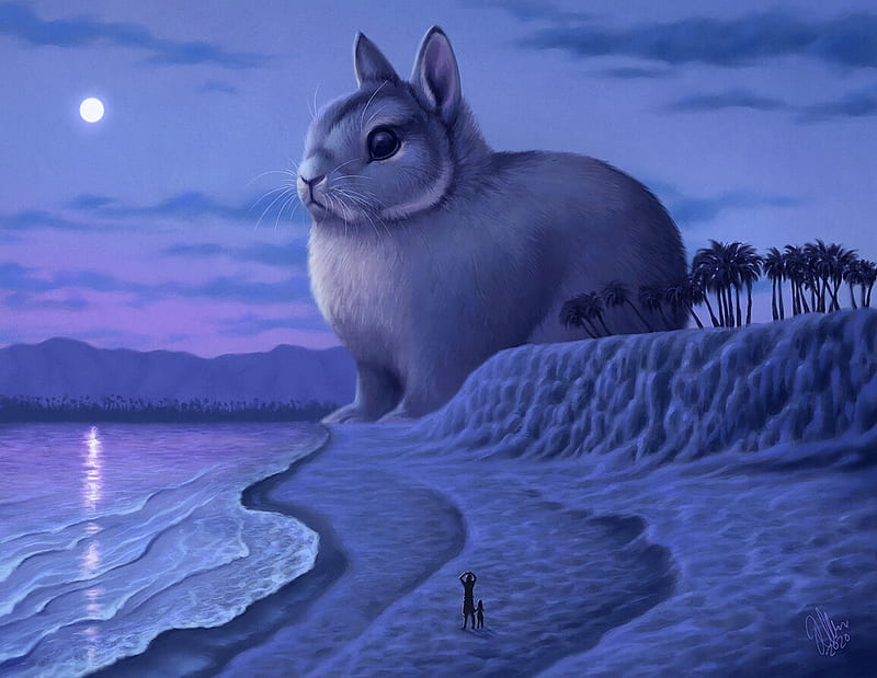 Beachgoer by Jasmin Mena, giant, frumusete, rabbit, luminos, moon, sea, beach, moon, water, vara, jasmin mena, summer, bunny, night, blue, HD wallpaper