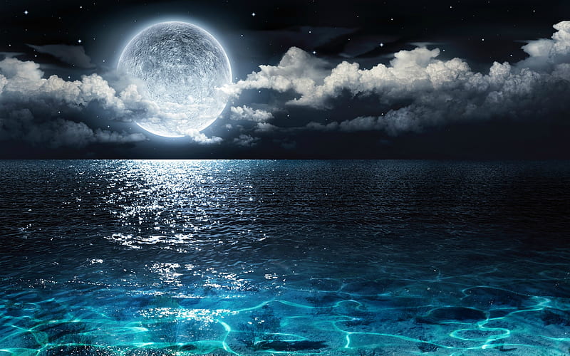 Moonlight, moon, water, cloud, moon, luminos, sea, blue, HD wallpaper