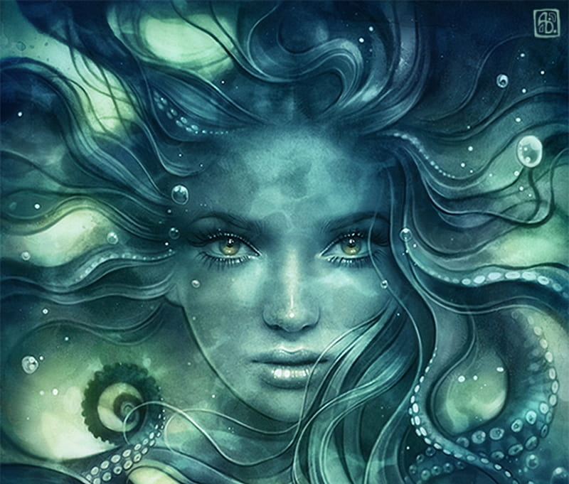 Sea witch, art, luminos, fantasy, girl, summer, octopuss, face, creature, escume, blue, HD wallpaper